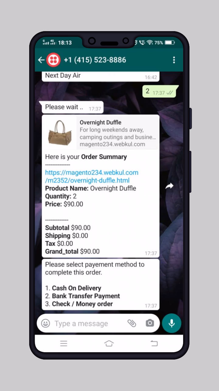 phone whatsapp order summary